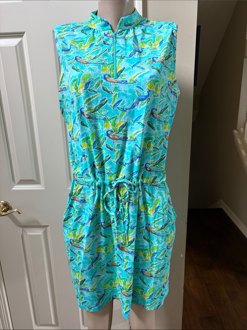 IBKUL Turquoise Tropical Print Sleeveless Dress with Drawstring, large